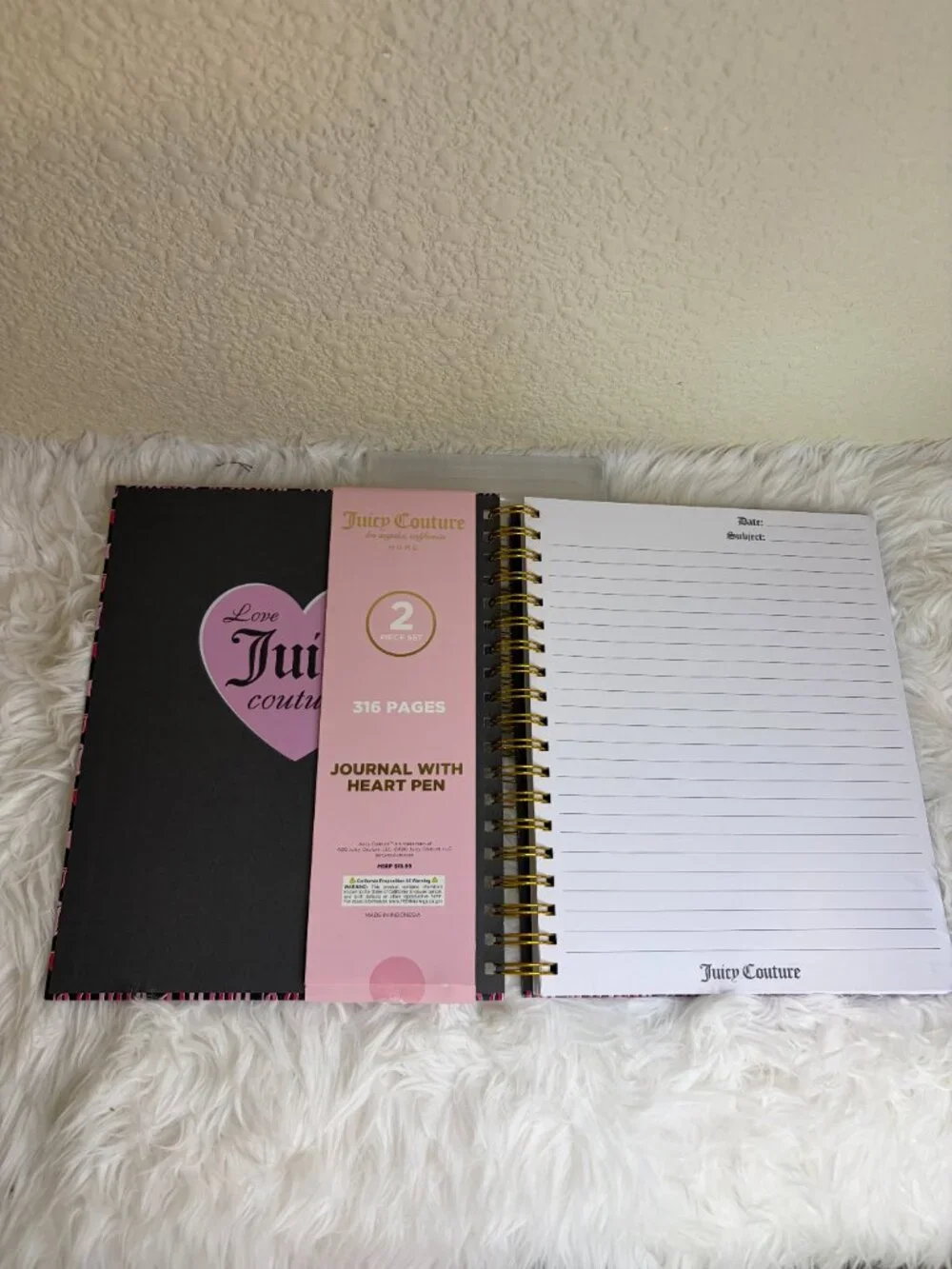 Juicy Couture Large Pink Black Heart Spiral Journal 316 Pages Pen NWT